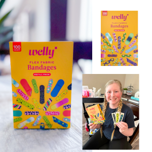 Welly Flex Fabric Bandages Refill Pack in colorful box with 100 bandages.