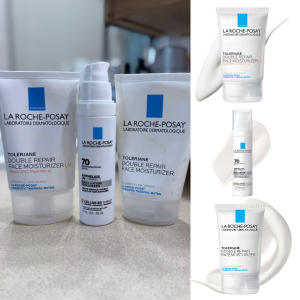 Trio of La Roche-Posay skincare products including Double Repair Moisturizer and Anthelios SPF.
